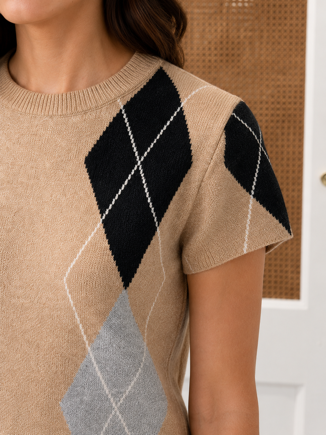 Central Park West Rachel Sweater CG26-10727S, close-up of khaki black gray argyle knit pattern and cap sleeve