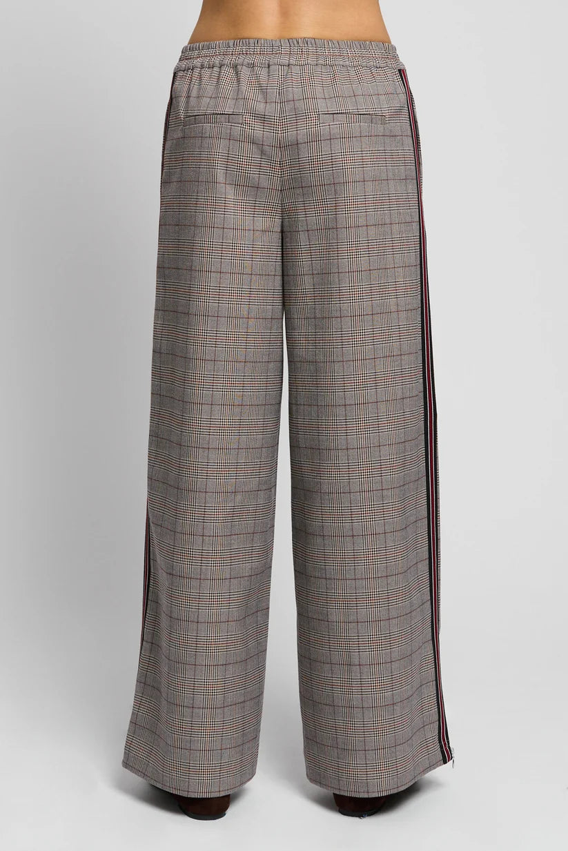 Birch Suiting Track Pant by Central Park West brown plaid track pant with stripe