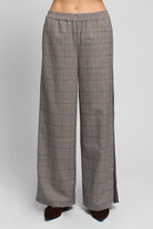 Birch Suiting Track Pant by Central Park West brown plaid track pant with stripe