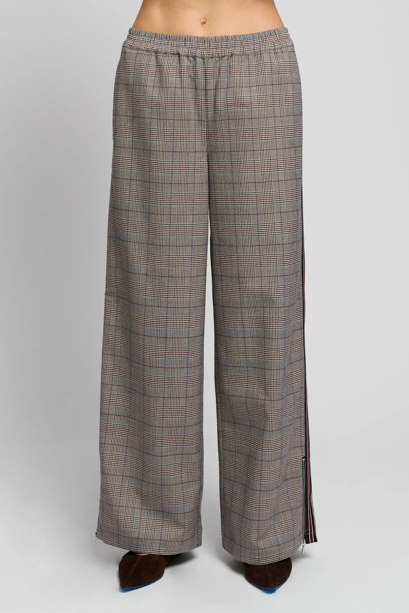 Birch Suiting Track Pant by Central Park West brown plaid track pant with stripe