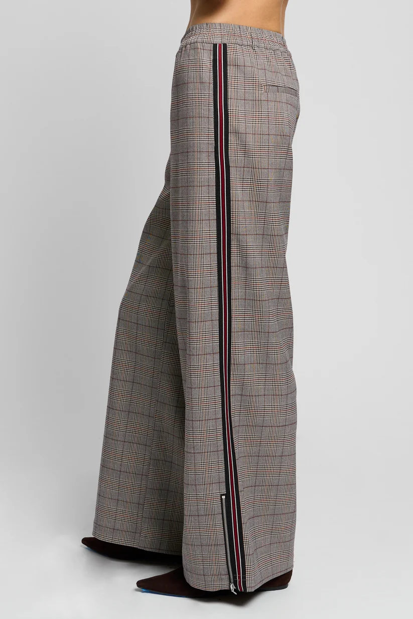 Birch Suiting Track Pant by Central Park West brown plaid track pant with stripe