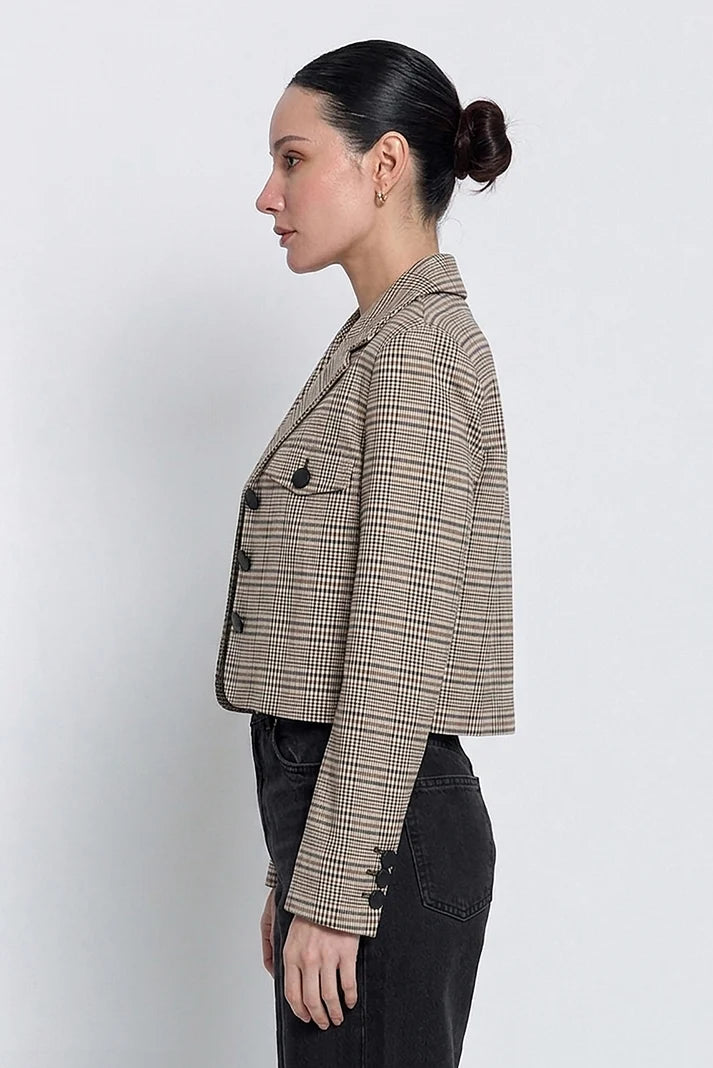 Sienna Cropped Plaid Jacket by Central Park West Brown Plaid