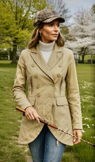 Amber Rainjacket Khaki by Ciao Milano — double-breasted, gold buttons, zip pockets, adjustable waist | Marj & Lizzie