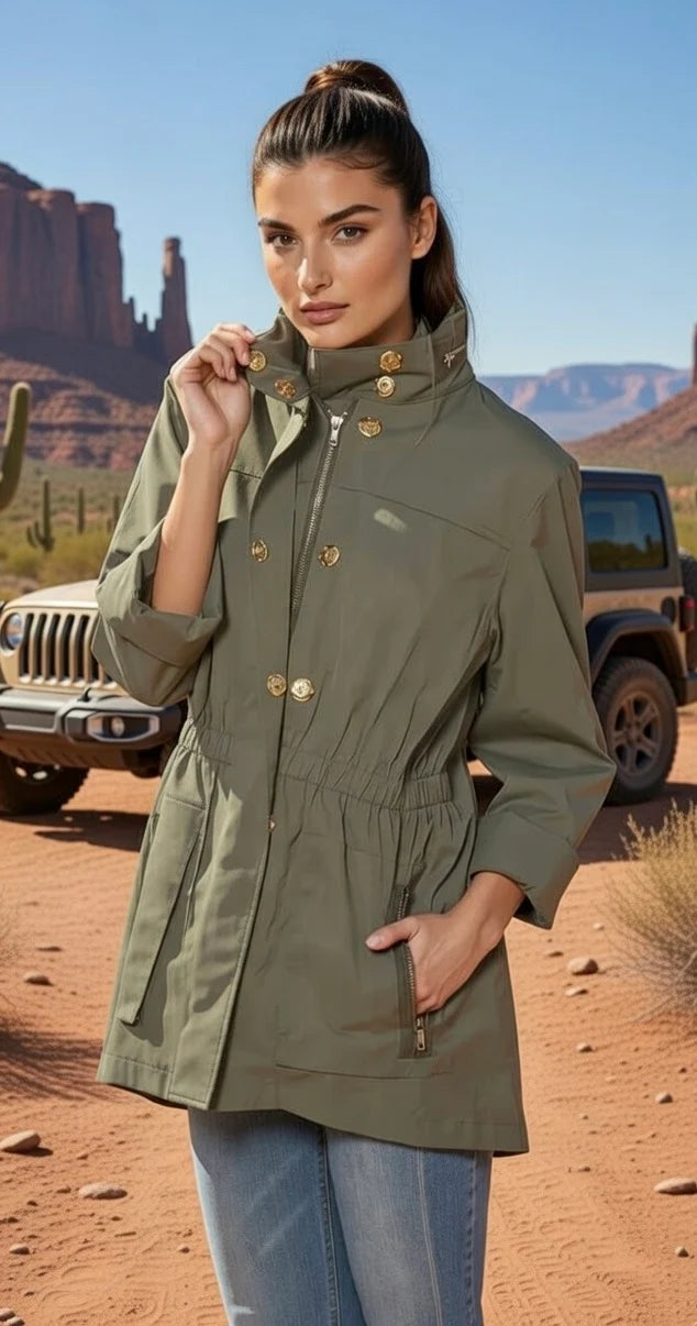 Anna Waterproof Jacket  Avocado by Ciao Milano — cinched waist, gold snap hardware, zip front pockets, stand collar, 3/4 sleeves