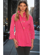 Anna Waterproof Jacket Hot Pink by Ciao Milano — cinched waist, gold snap hardware, zip front pockets, stand collar, 3/4 sleeve
