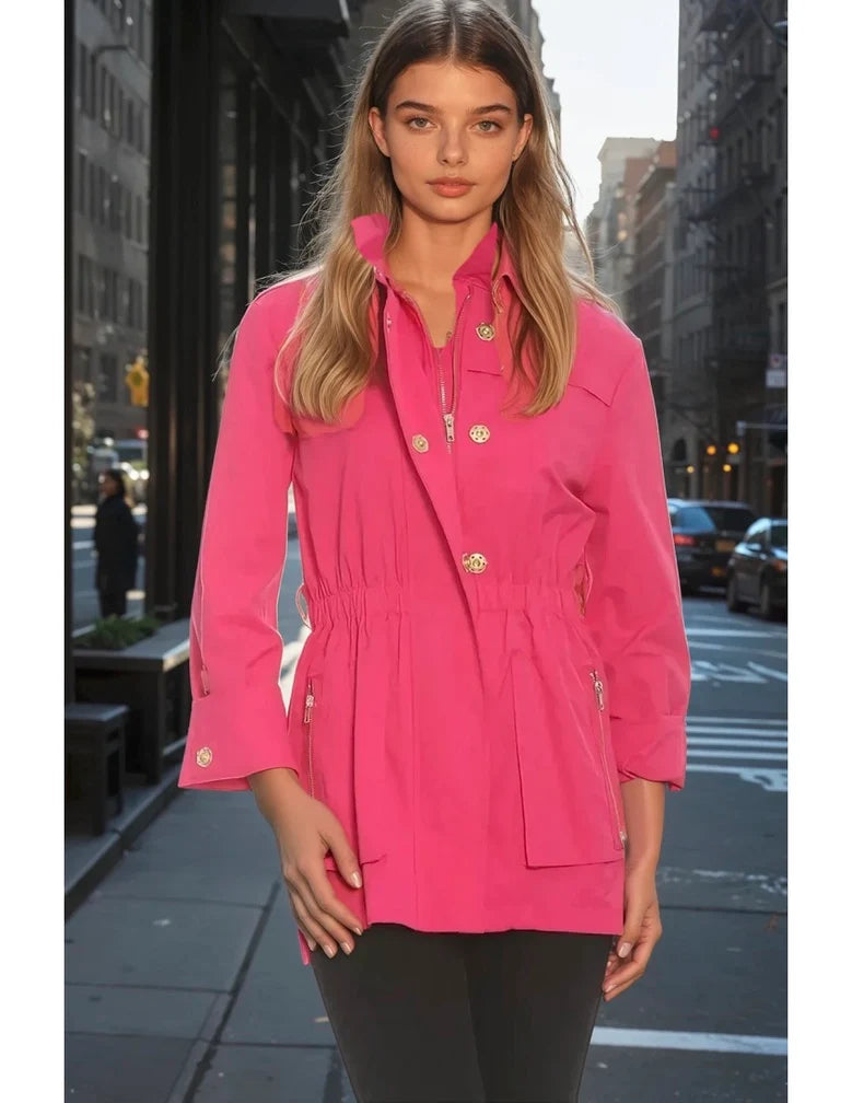 Anna Waterproof Jacket Hot Pink by Ciao Milano — cinched waist, gold snap hardware, zip front pockets, stand collar, 3/4 sleeve