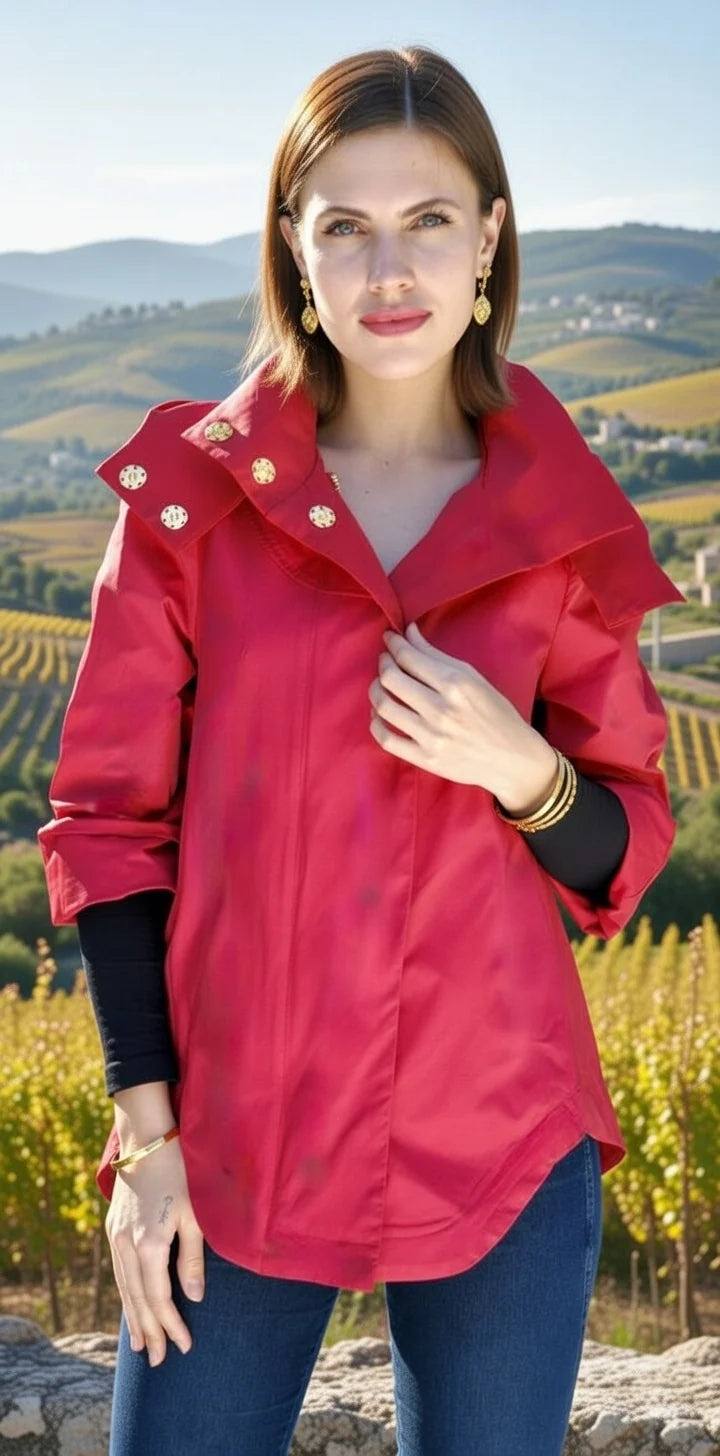 Nia Waterproof Jacket Barbados Cherry by Ciao Milano — zip-off hood open, gold hardware, adjustable sleeves, flowing silhouette"