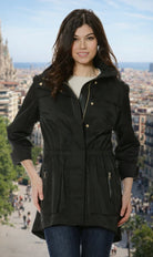 Tess Anorak Jacket Lined Black by Ciao Milano — structured hood, gold snap hardware, cinched waist, zip front pockets