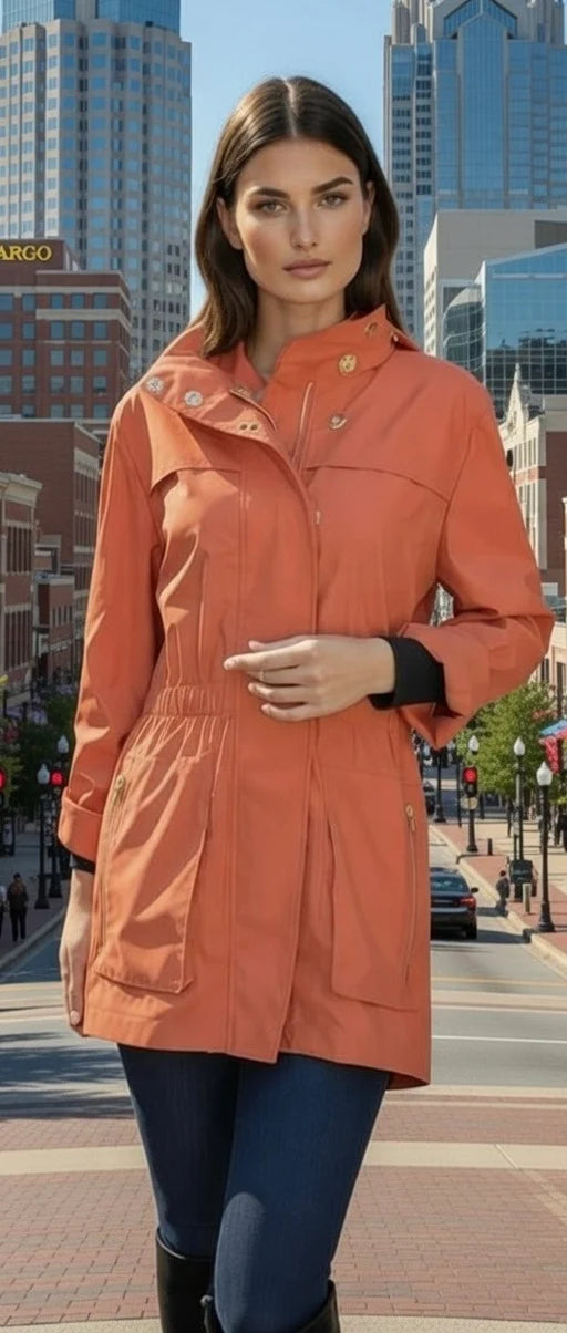 Tess Anorak Jacket in Orange by Ciao Milano — water-resistant lined anorak with gold snap buttons, cinched waist, and front patch pockets