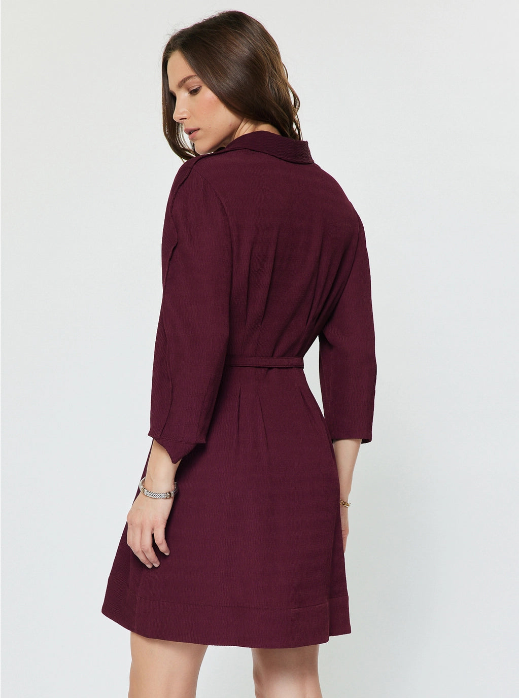 Larkin Dress Bordeaux by Current Air — ribbed V-neck belted mini dress with puff sleeves, back view