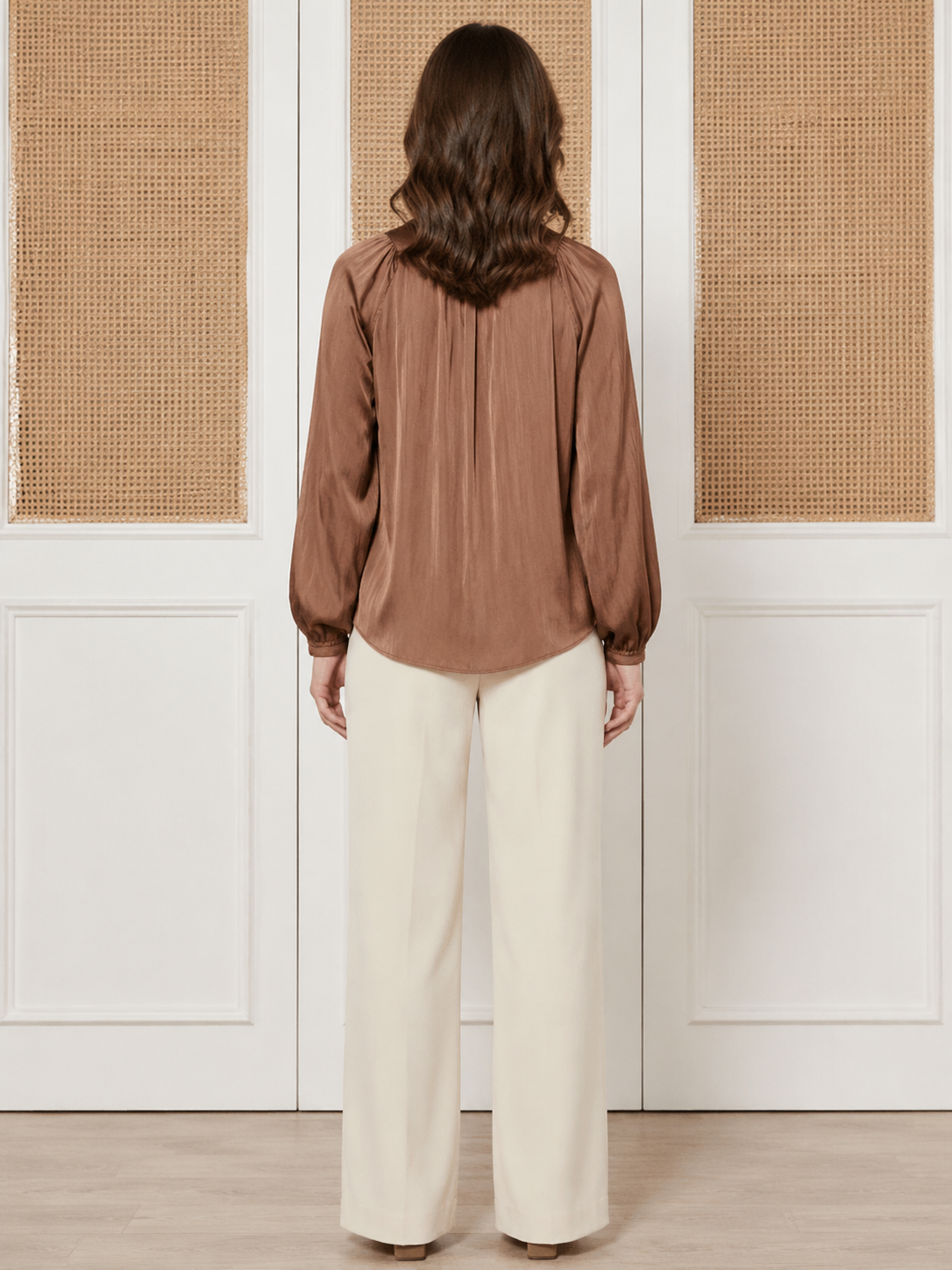 Hollis Top Mocha Mousse by Current Air — pleated split V-neck long sleeve satin top, back view