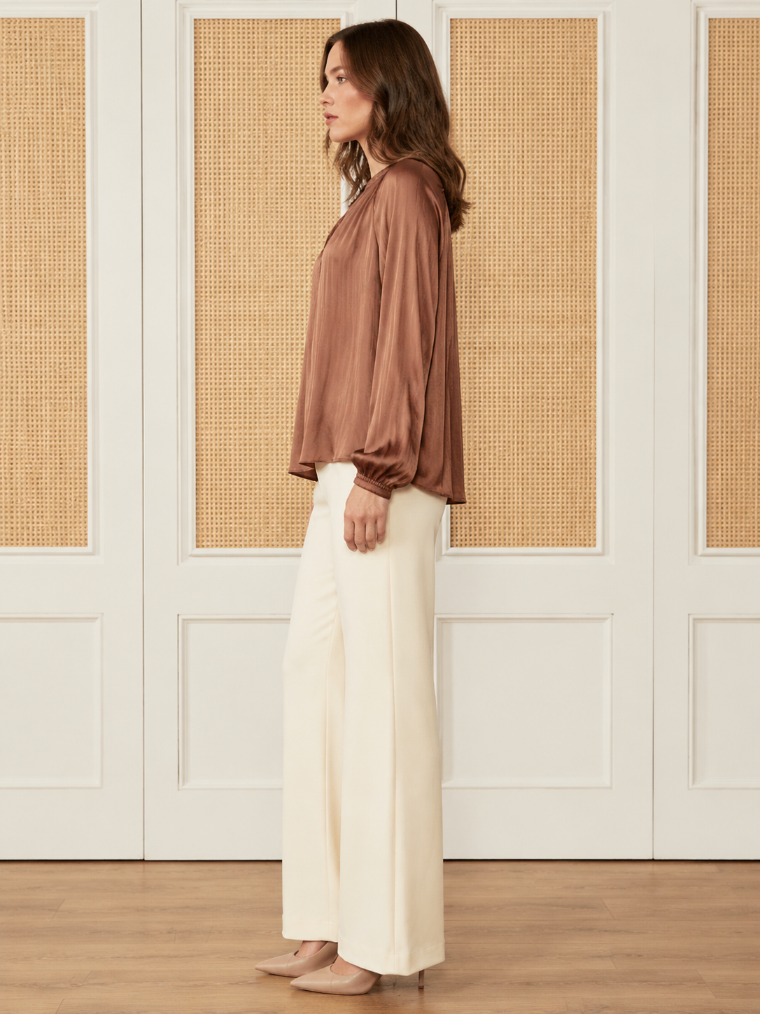 Hollis Top Mocha Mousse by Current Air — pleated split V-neck long sleeve satin top, side view