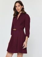 Larkin Dress Bordeaux by Current Air — ribbed V-neck belted mini dress with puff sleeves, side view