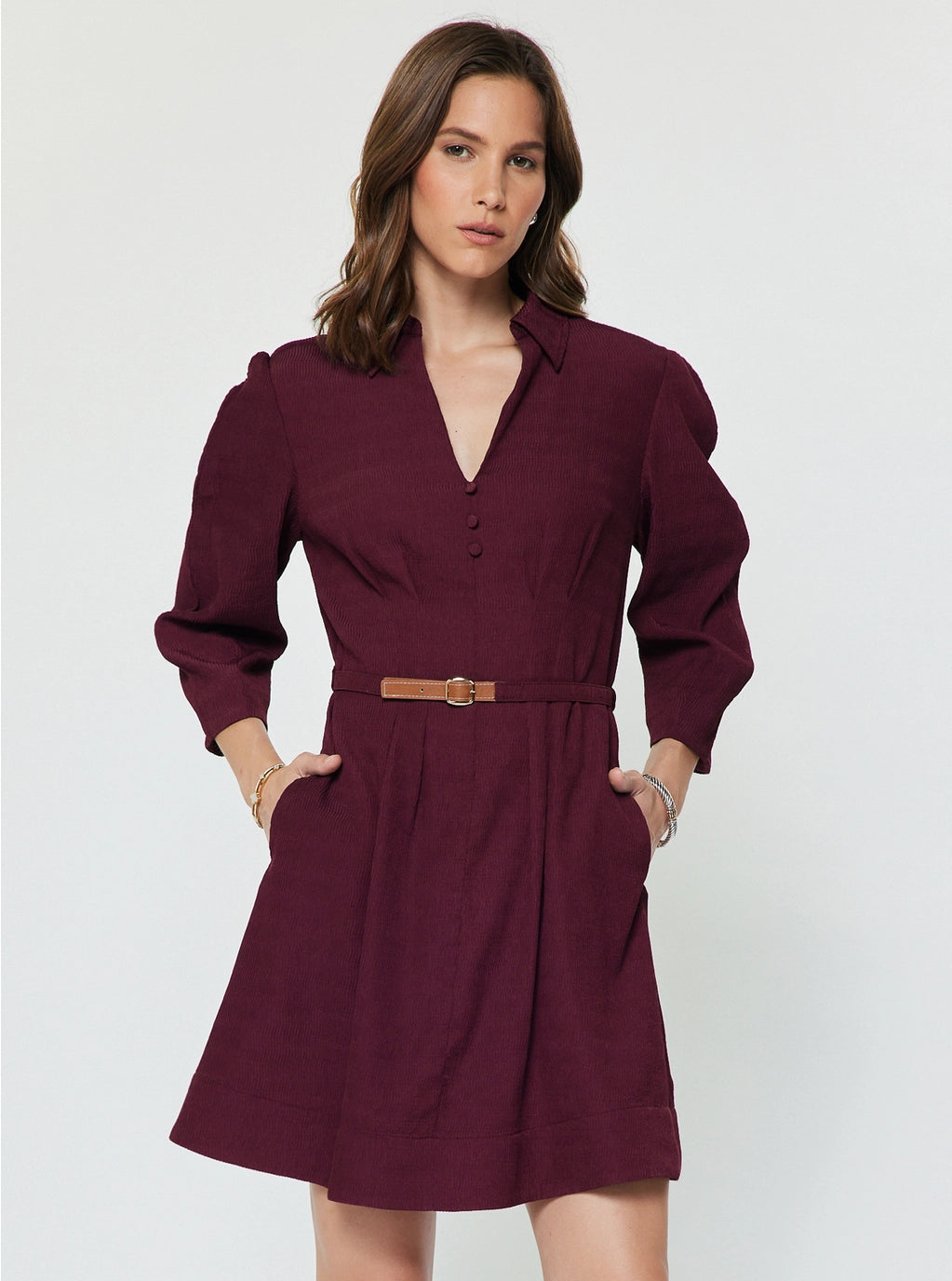 Larkin Dress Bordeaux by Current Air — ribbed V-neck belted mini dress with puff sleeves, front view