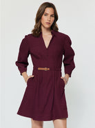 Larkin Dress Bordeaux by Current Air — ribbed V-neck belted mini dress with puff sleeves, front view