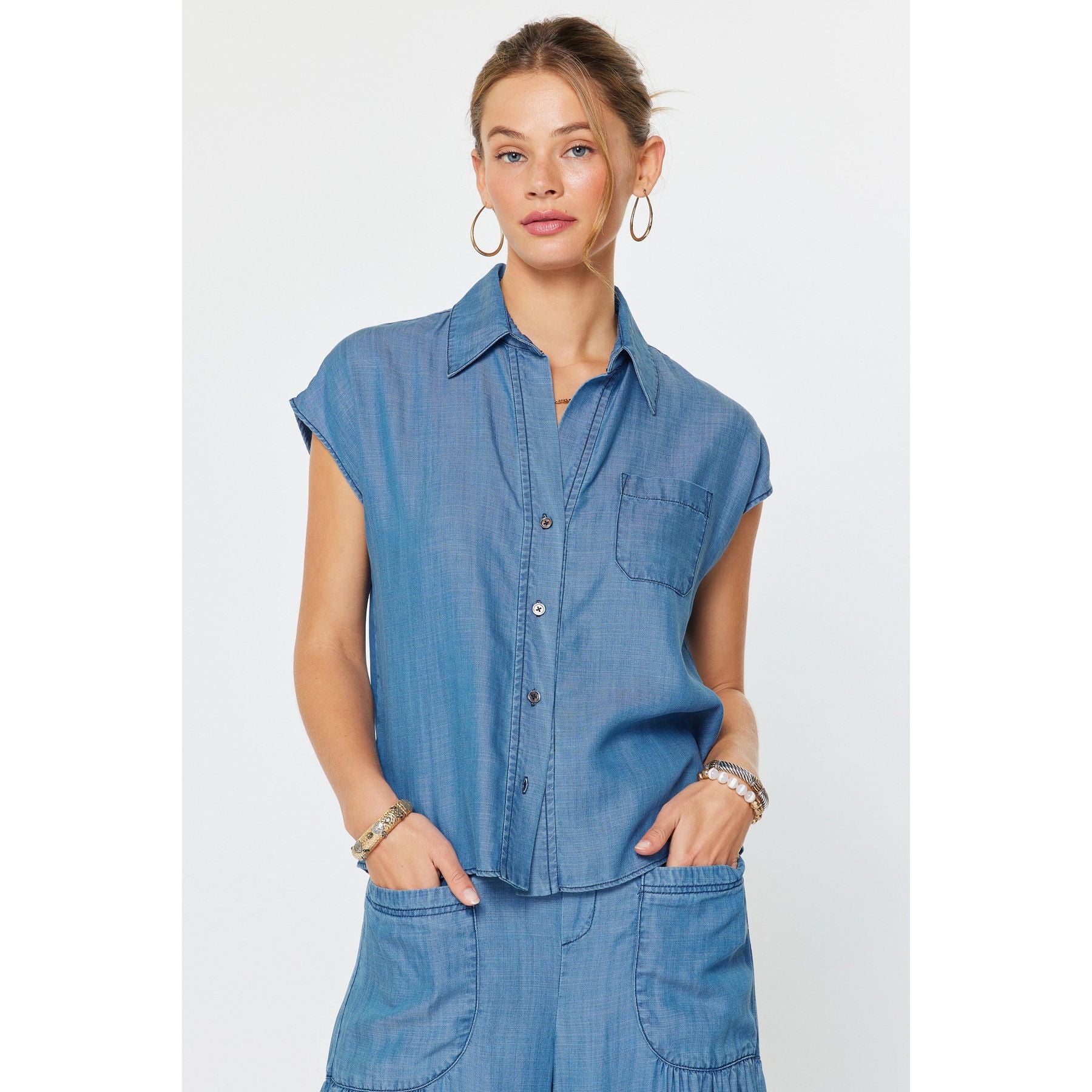 Tracy Camp Shirt chambray cap sleeve