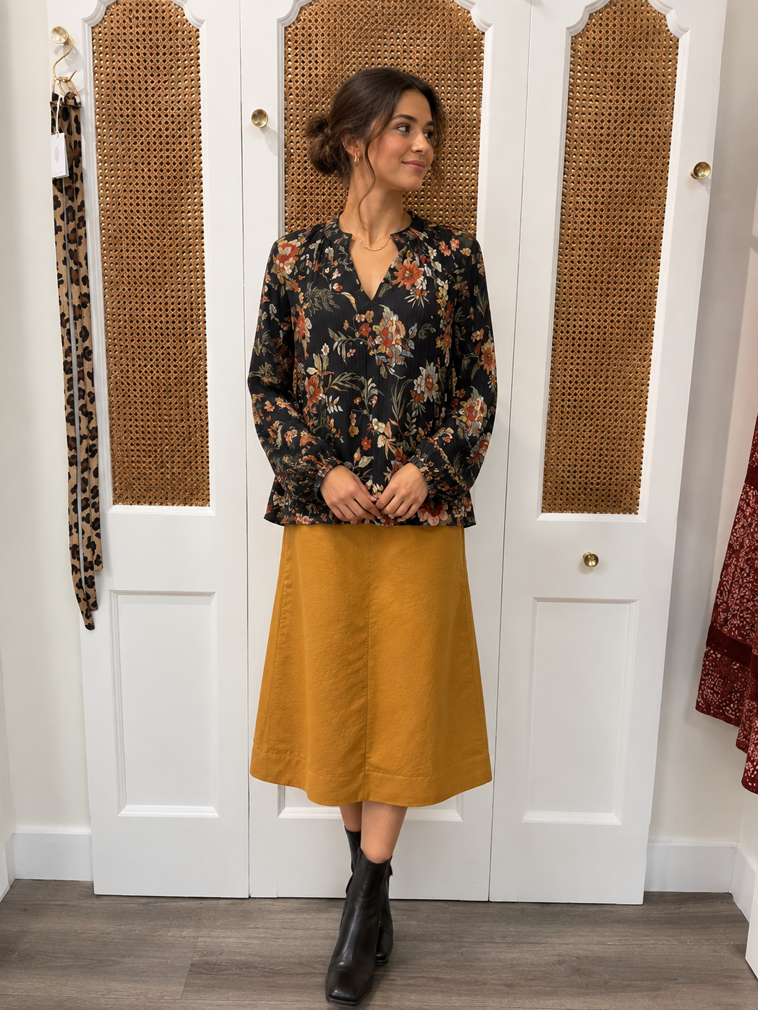 Victoria Top by Current Air — navy botanical floral print long sleeve split neck blouse