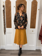 Victoria Top by Current Air — navy botanical floral print long sleeve split neck blouse