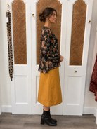 Victoria Top by Current Air — navy botanical floral print long sleeve split neck blouse, side view