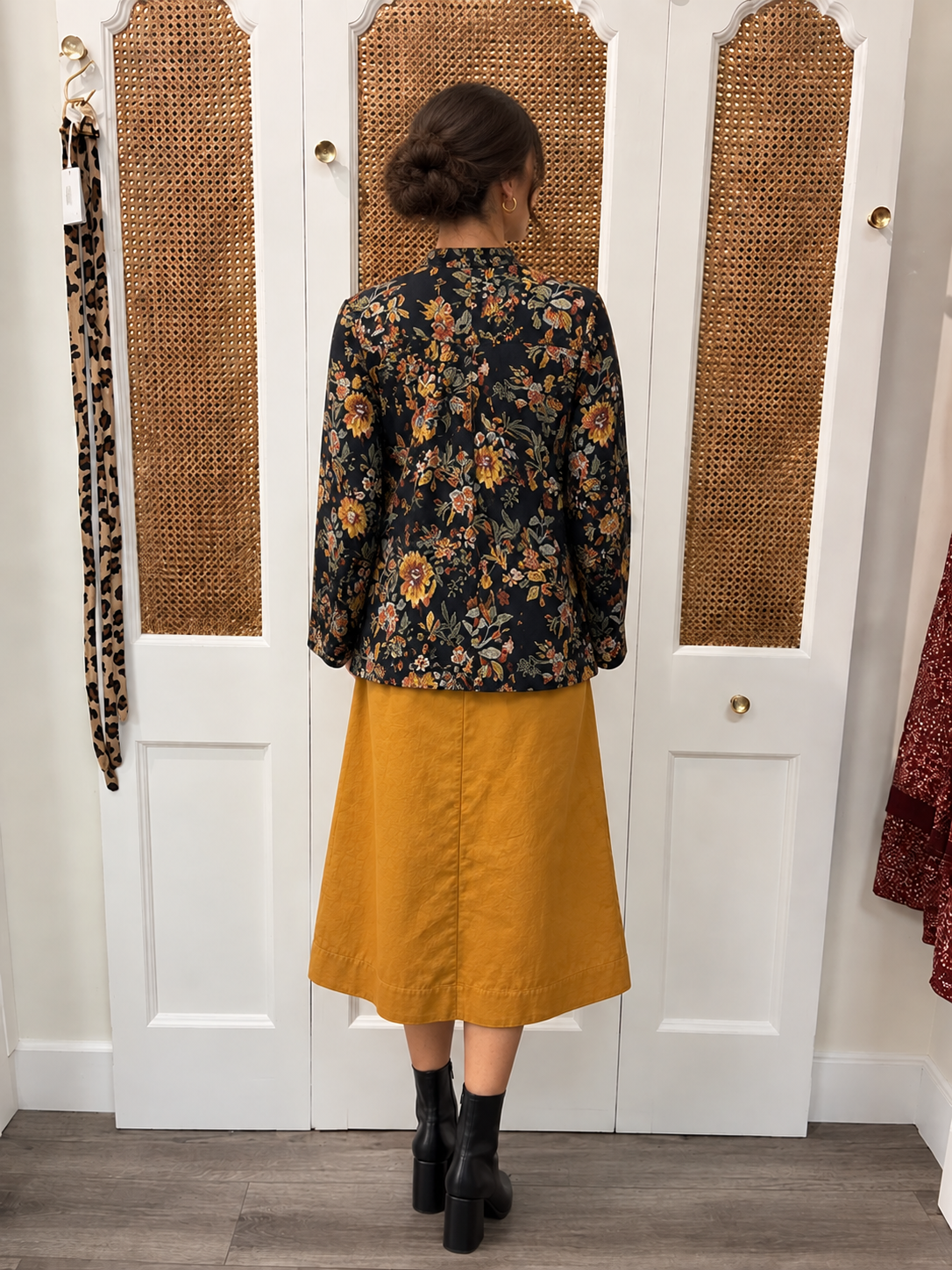 Victoria Top by Current Air — navy botanical floral print long sleeve split neck blouse, back view