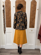 Victoria Top by Current Air — navy botanical floral print long sleeve split neck blouse, back view