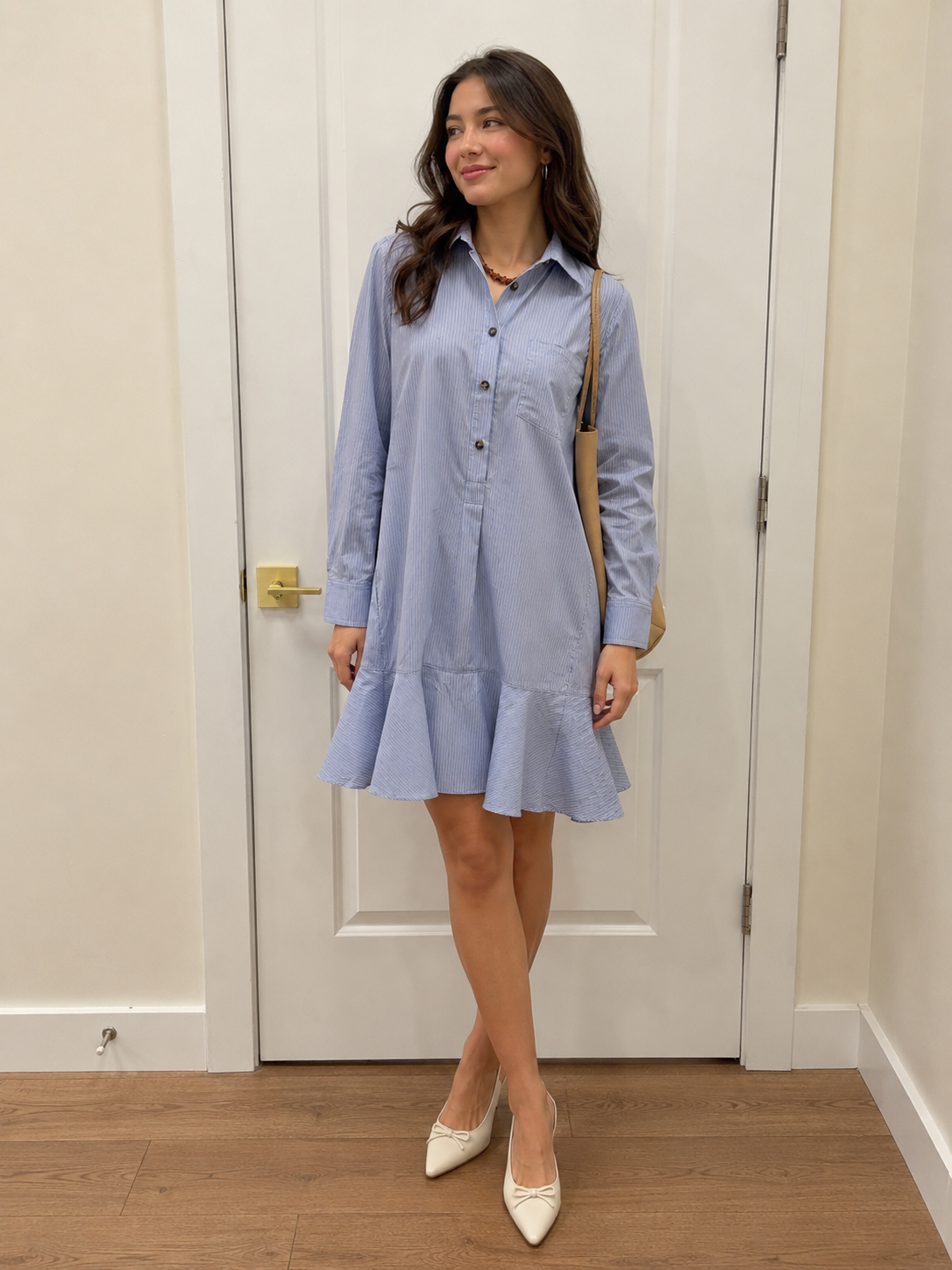 Duffield Lane Iris Drop Waist Shirt Dress in blue and brown stripe, alternate view