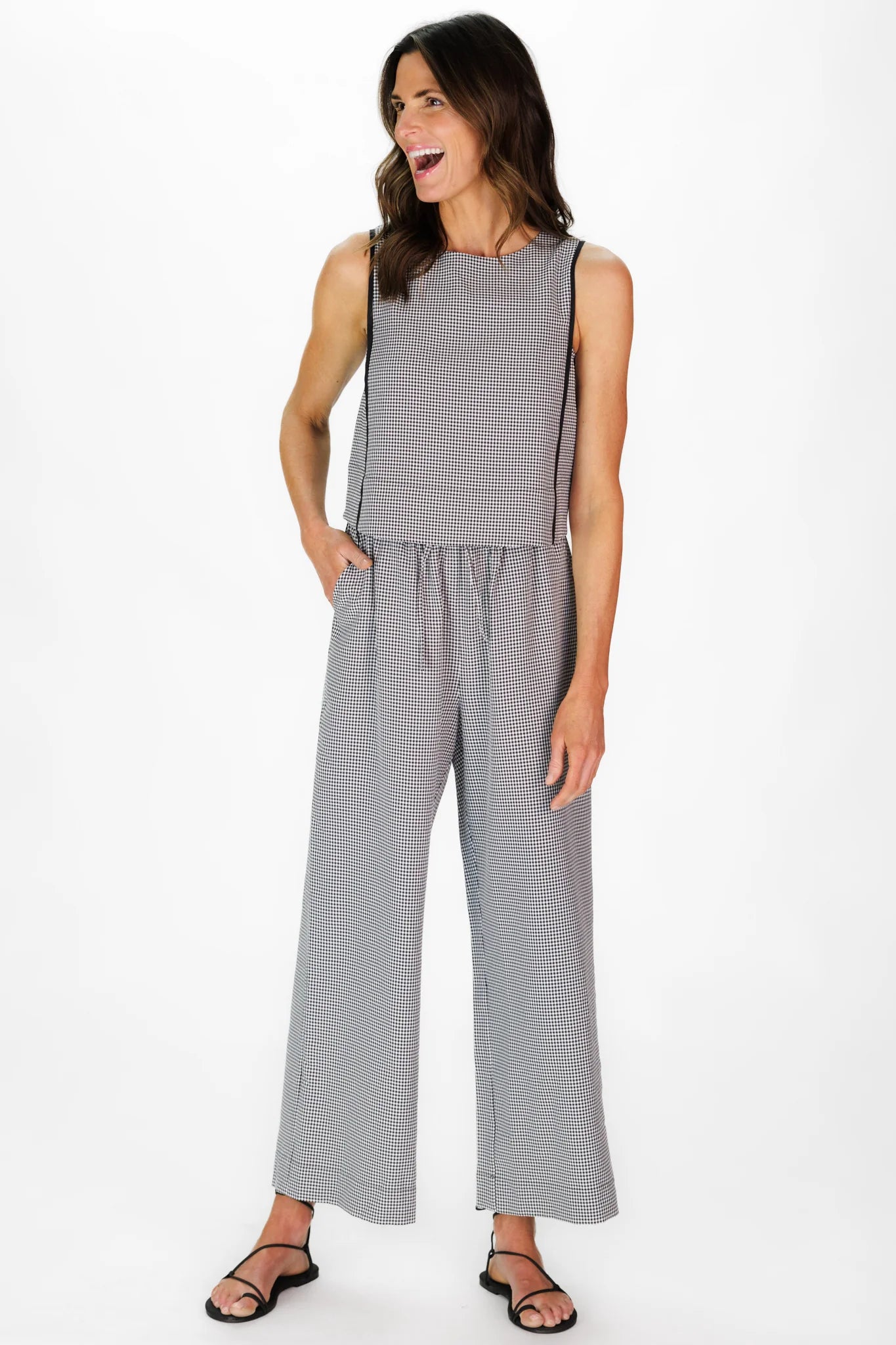 Duffield Lane Mauri Pant in black mini gingham seersucker, side view
