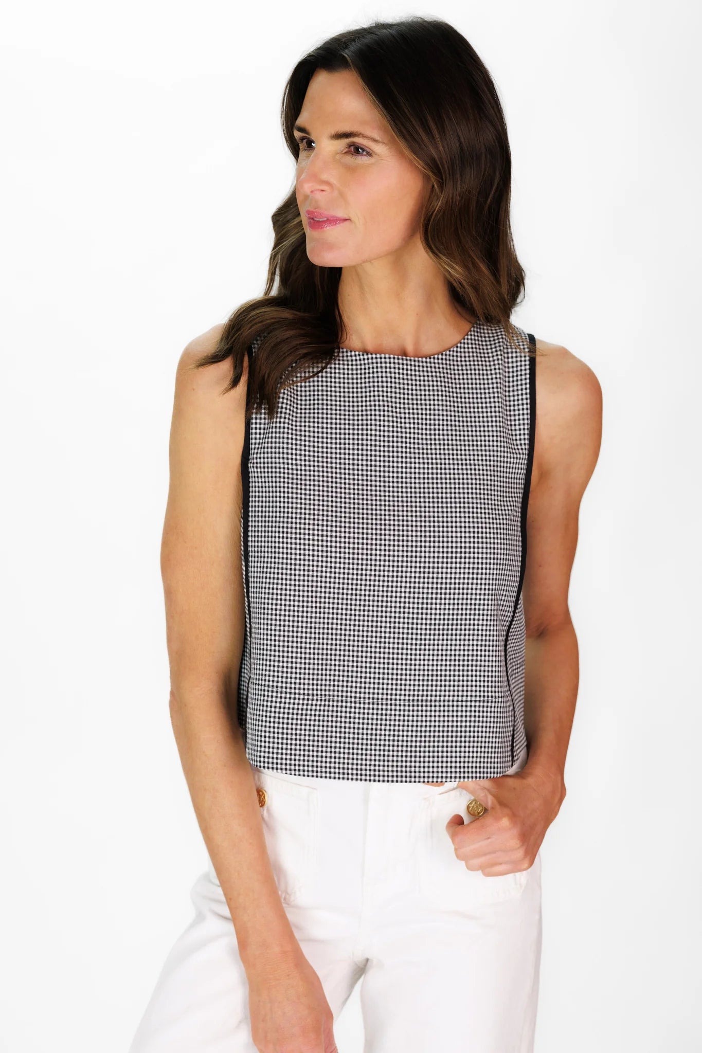 Duffield Lane Troye Top in black mini gingham seersucker, front view, sleeveless with contrast piping"