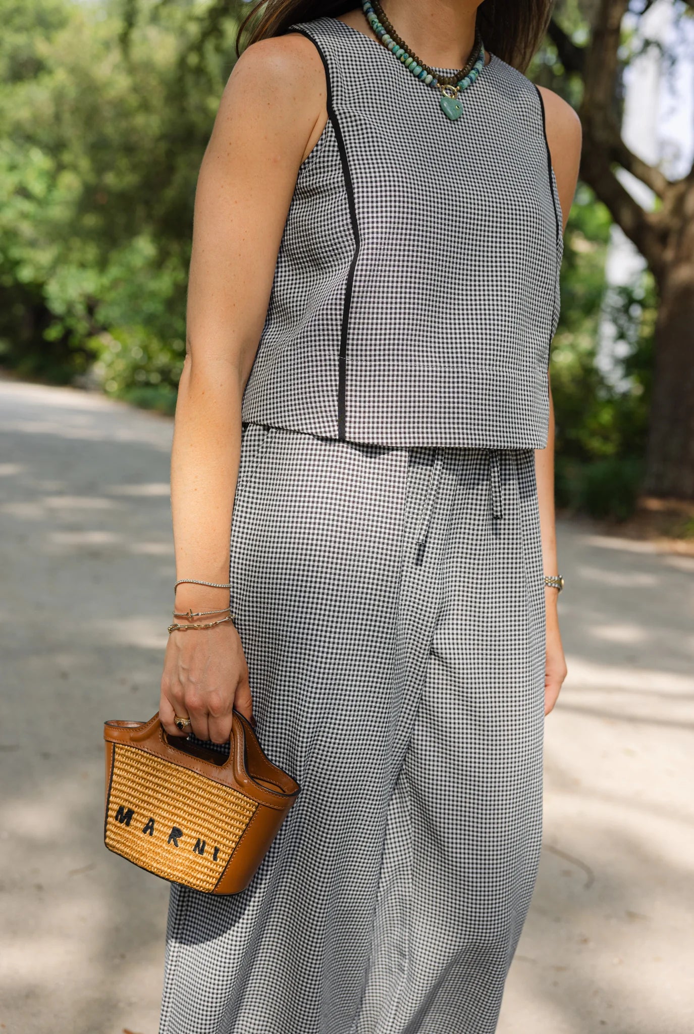 Duffield Lane Troye Top in black mini gingham seersucker, full length view"