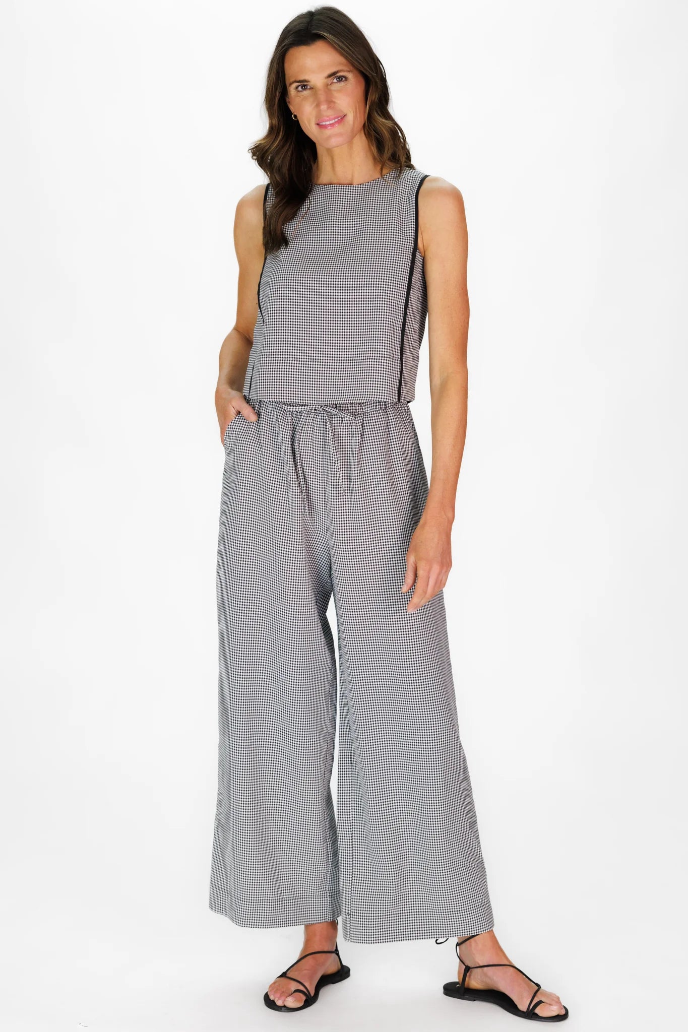 Duffield Lane Troye Top in black mini gingham seersucker, full length view, alternate angle"