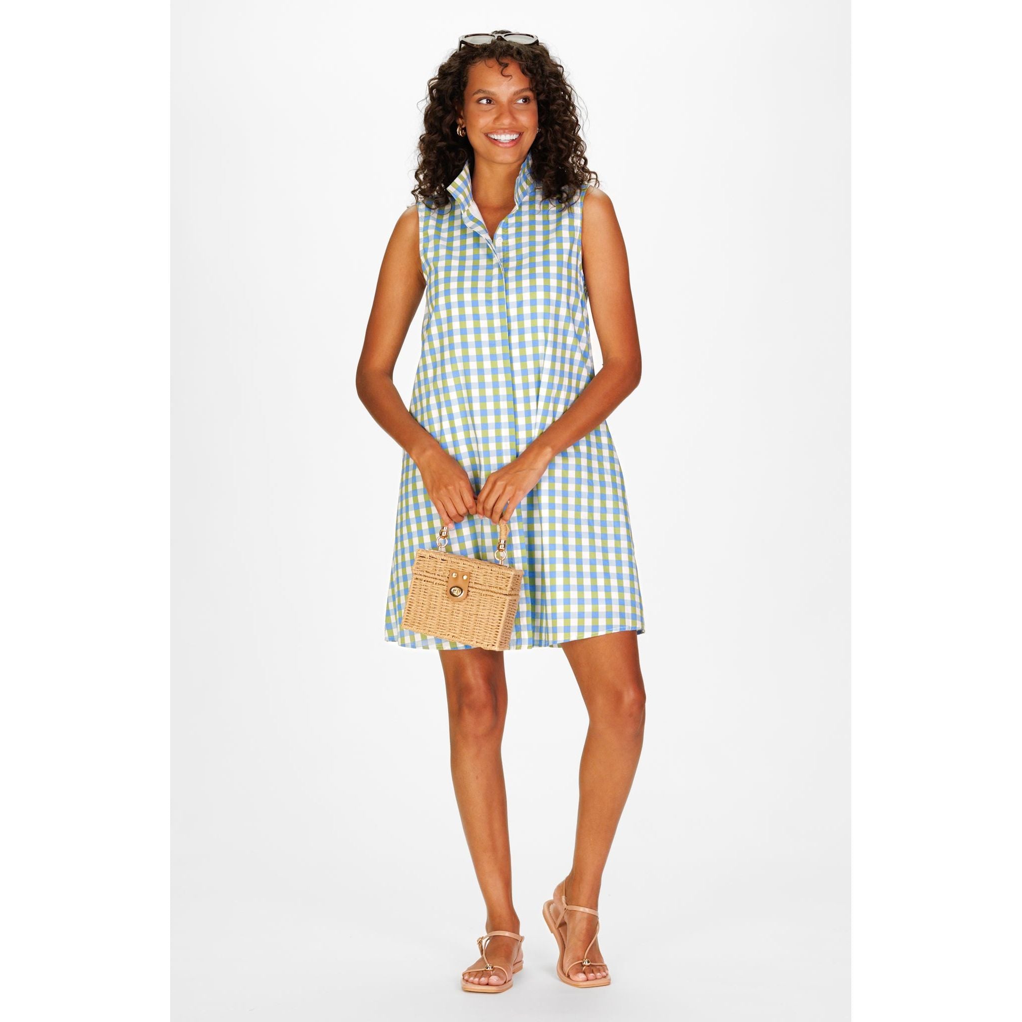 Green and blue gingham Jan Dress by Duffield Lane, casual cotton dress with a fitted waist and short sleeves.