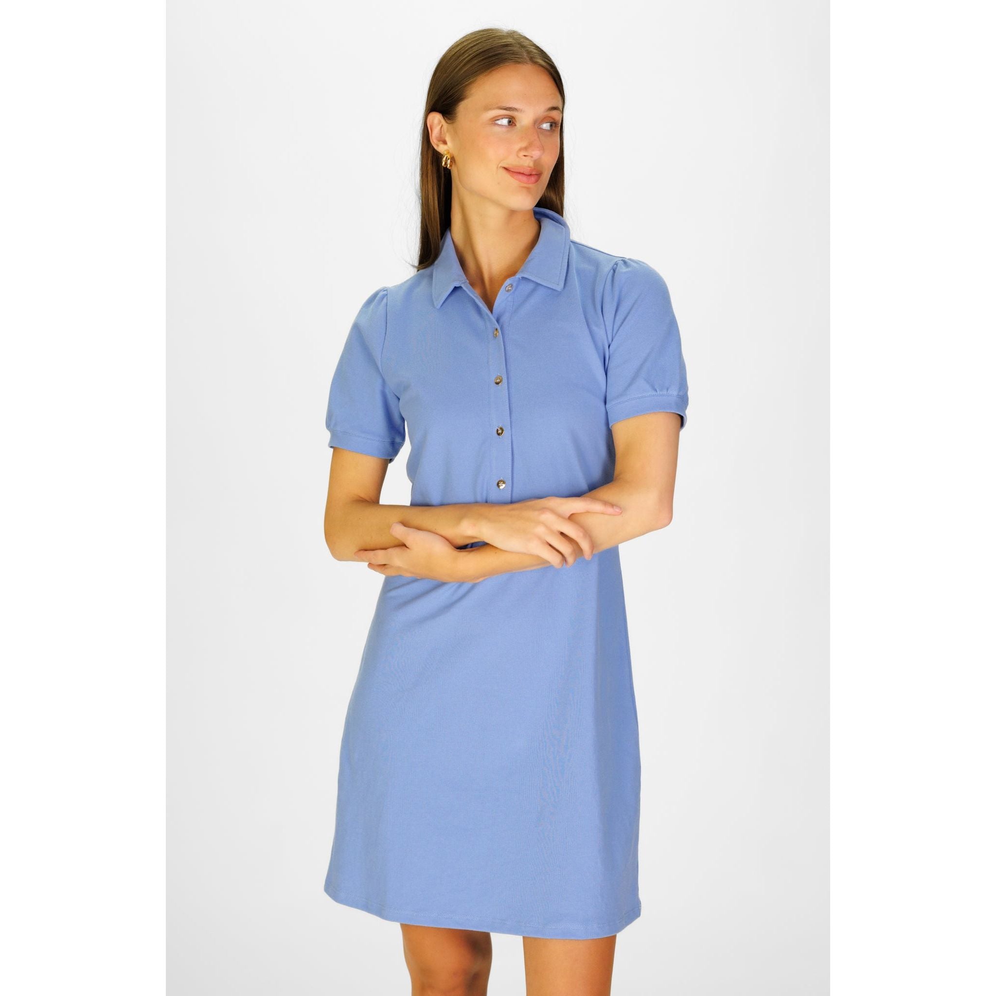 Duffield Lane Palmer Polo Dress in cornflower blue, casual fit with a classic polo collar and short sleeves, perfect for summer wear.
