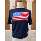 Navy puff sleeve flag sweater by Duffield Lane, featuring a stylish top with bold flag design and puffed sleeves.