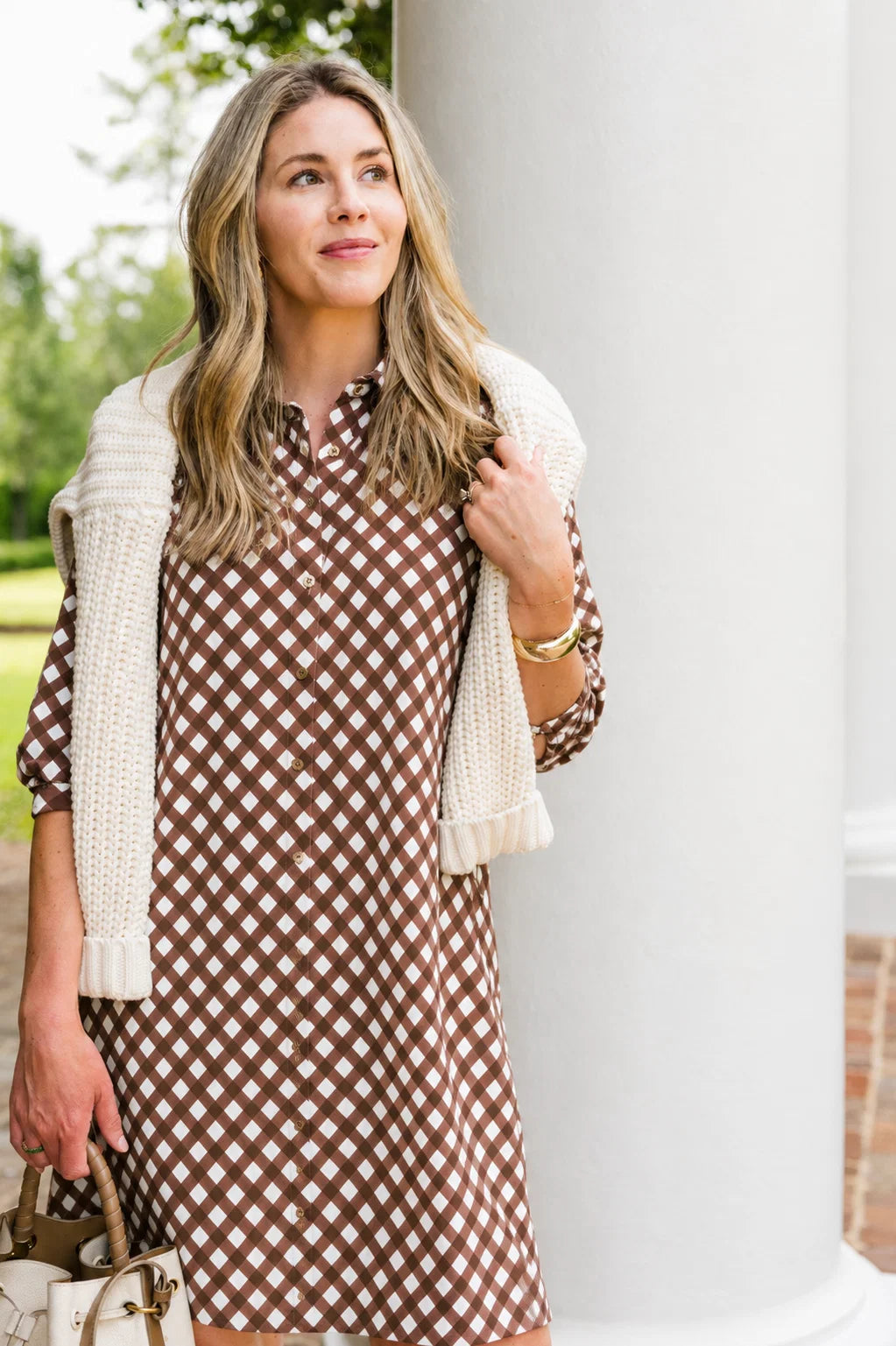 Duffield Lane Ashlynn Dress in chocolate gingham, close-up detail of faux button front"