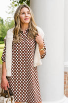 Duffield Lane Ashlynn Dress in chocolate gingham, close-up detail of faux button front"