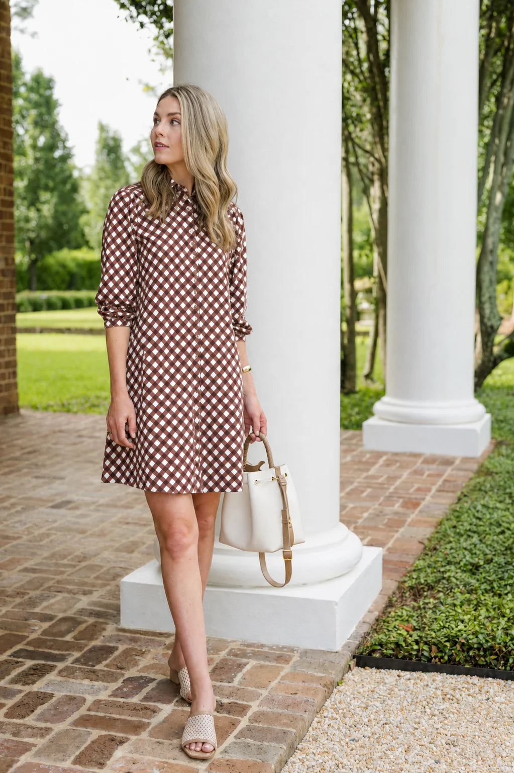 Duffield Lane Ashlynn Dress in chocolate gingham, front view, A-line silhouette with puff sleeves