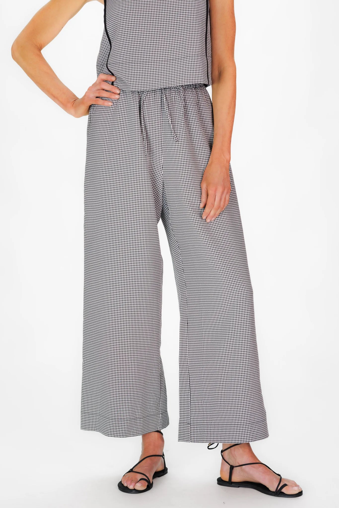 Duffield Lane Mauri Pant in black mini gingham seersucker, front view, wide-leg silhouette"