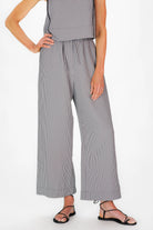 Duffield Lane Mauri Pant in black mini gingham seersucker, front view, wide-leg silhouette"