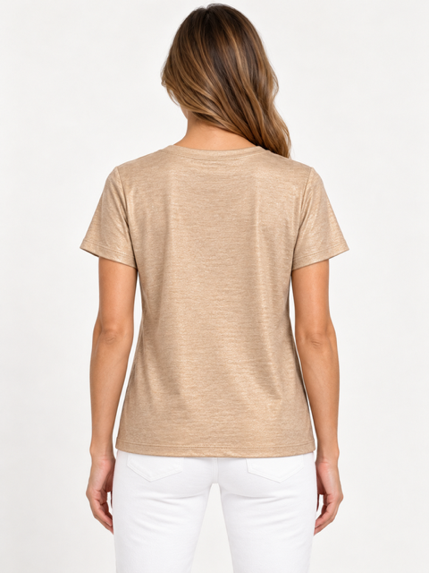 Shyama Top by Another Love in Heathered Gold, back view showing short sleeves, heathered texture, and straight hem