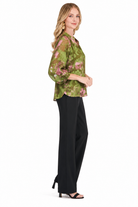 Camilla Top by Jade in Whimsical Garden, side view showing gathered three-quarter sleeves and curved hem
