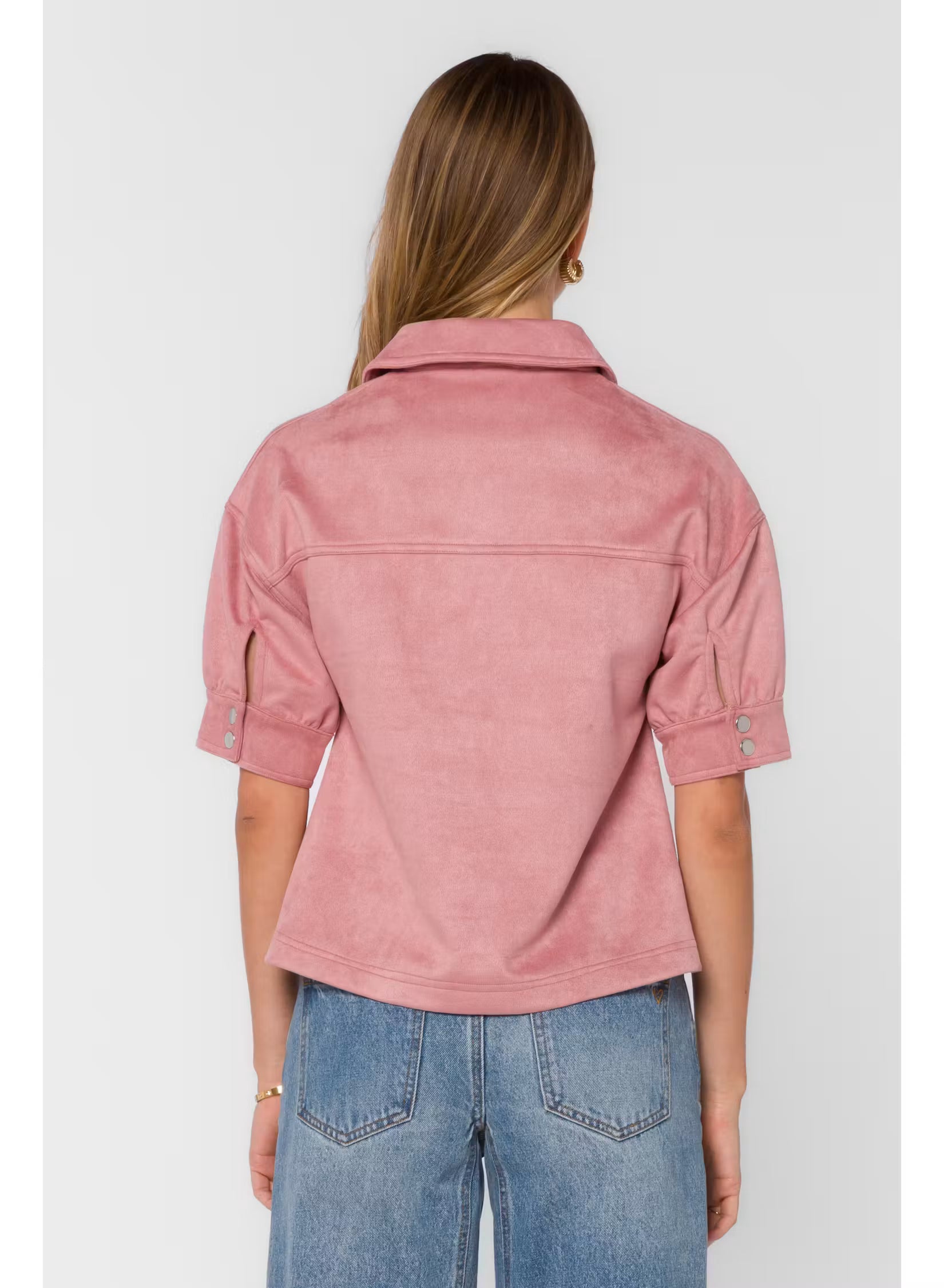 Elvie Top by Velvet Heart — back view of mauve faux suede top with spread collar and short puff sleeves