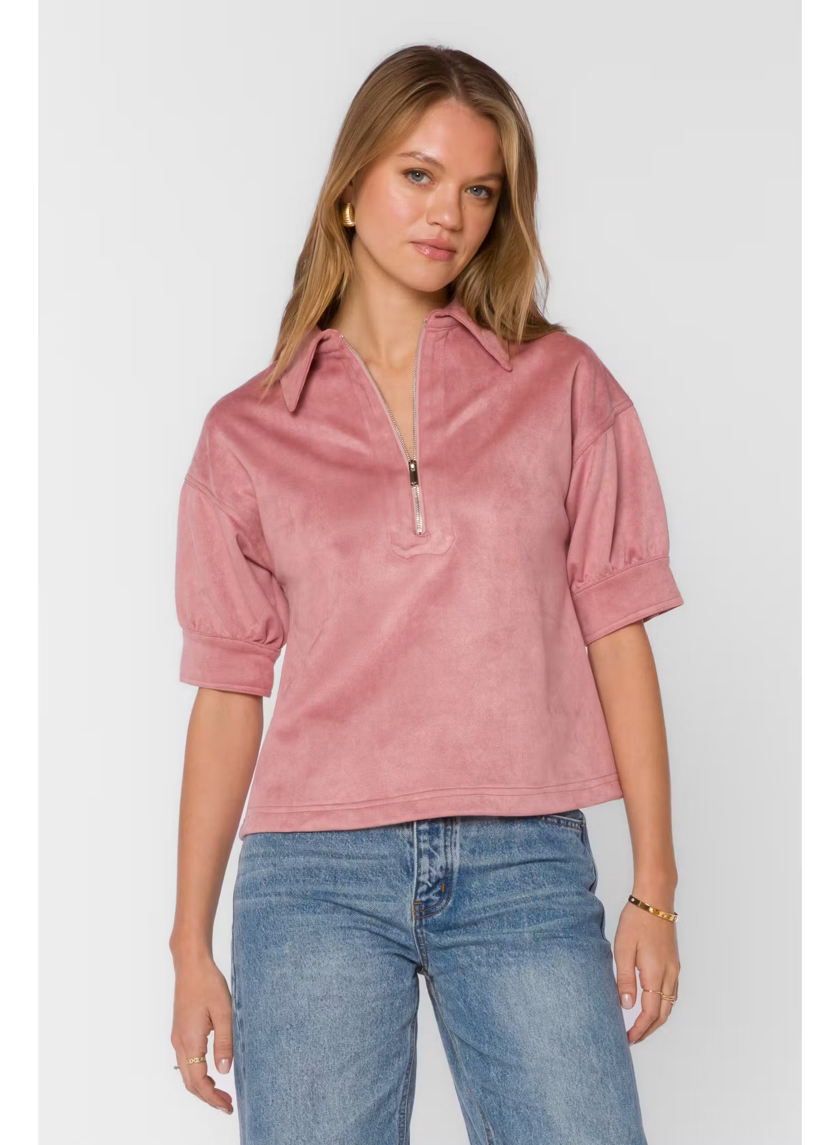 Elvie Top by Velvet Heart — mauve faux suede polo top with short puff sleeves and quarter-zip front neck detail