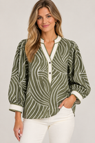 Matilda Top by Entro in olive with a curved cream motif, contrast V-neckline, , front view
