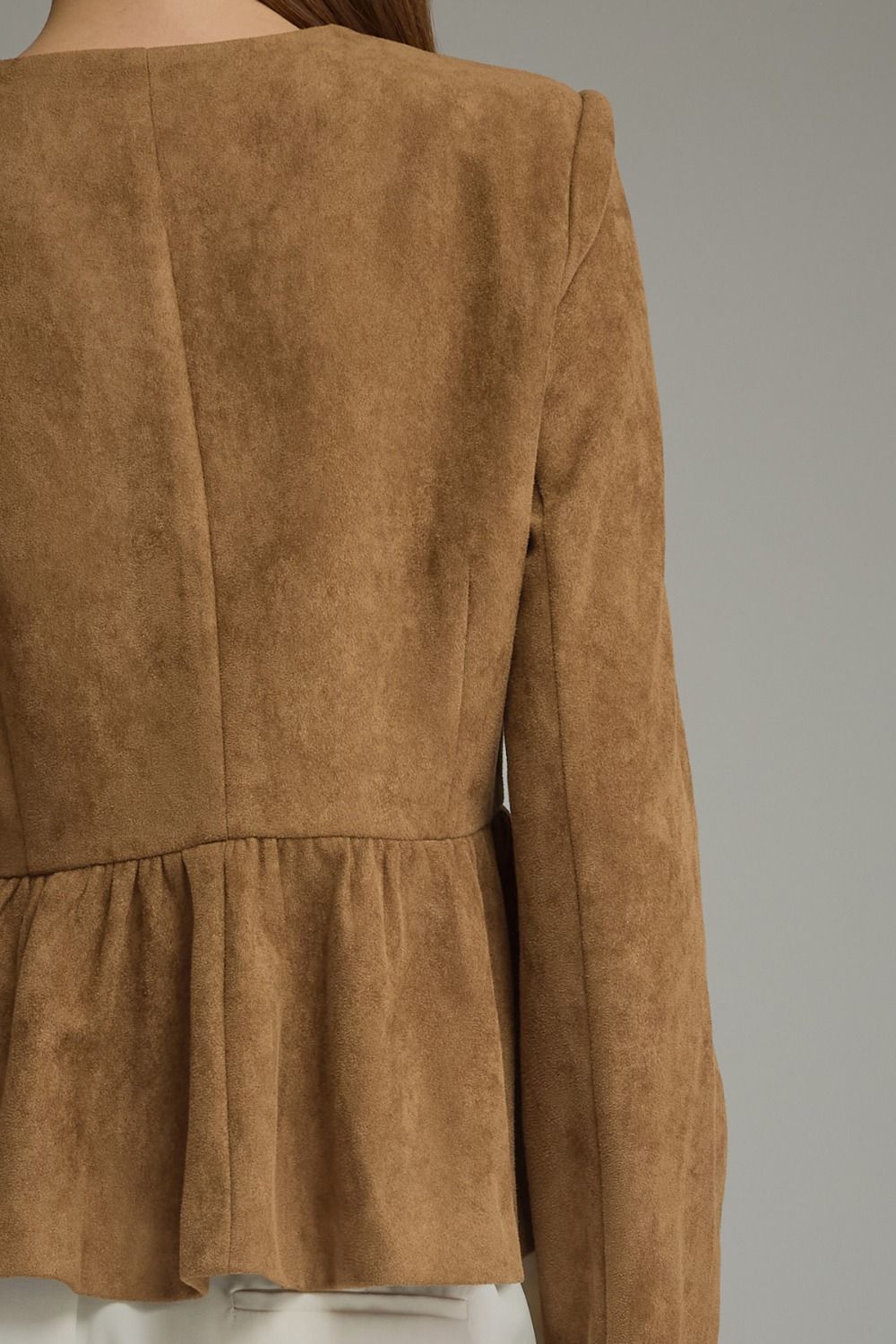  Ellery Top by Entro in mocha brown with long sleeves, center back seam and gathered peplum hem, back view