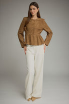 Ellery Top by Entro in mocha brown with long sleeves, covered buttons and a gathered peplum hem, front view on model