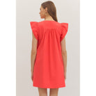 Ruby Dress by Entro — back view, coral red mini dress with ruffle sleeves and gathered yoke detail
