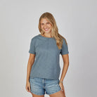 erin gray Celia Perfect Length Tee in denim blue, short sleeve, center seam detail, front view Style#TS-CELIA-DEN