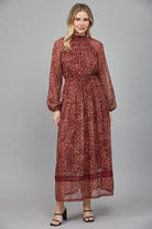 Rosemary Dress by Fate in deep burgundy floral Lurex print, front view, smocked mock neck, lace hem, maxi length Style#FD3413