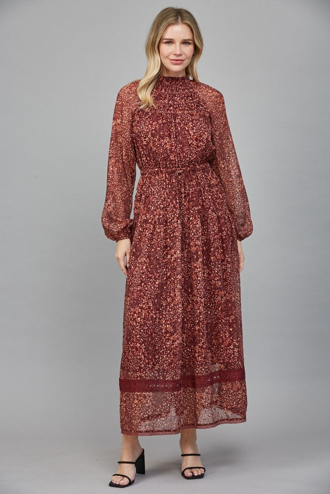Rosemary Dress by Fate in deep burgundy floral Lurex print, front view, smocked mock neck, lace hem, maxi length Style#FD3413