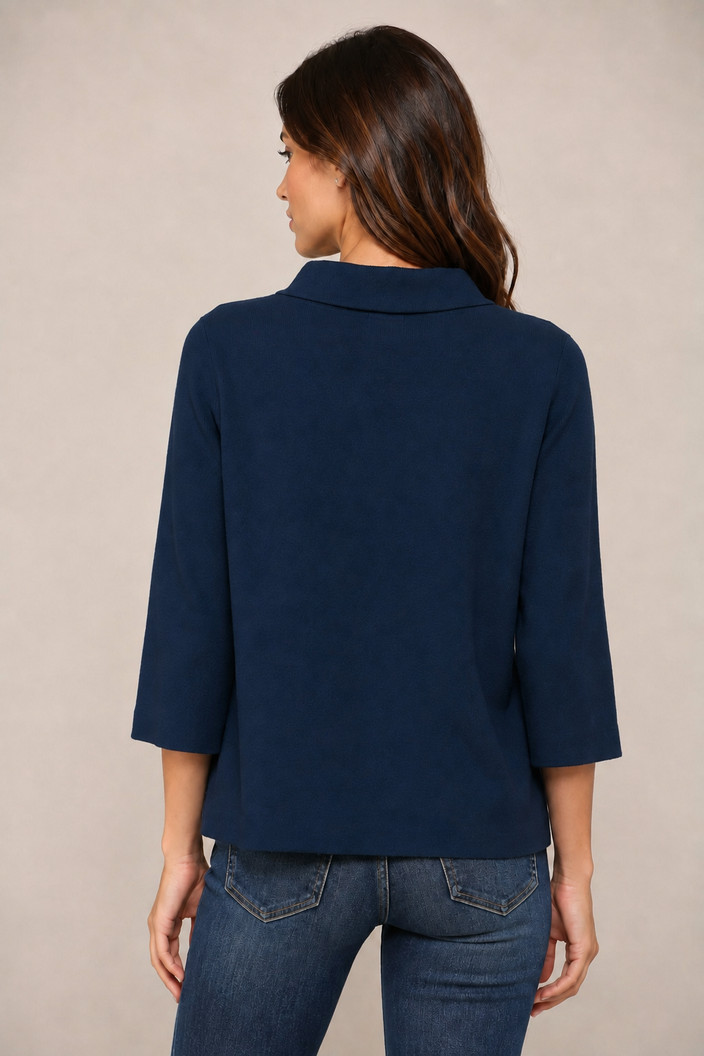 Fate Lucy Sweater in navy, mock neck pullover with 3/4 bell sleeves showing A-line swing hem, three-quarter back view